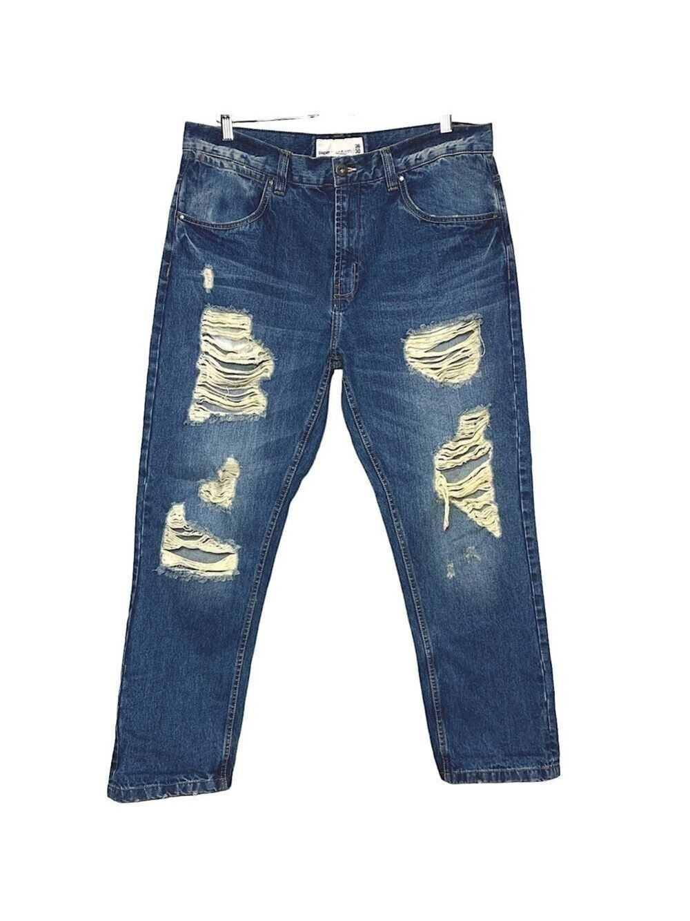 Paper Denim & Cloth Distressed Jeans Straight Men 36 X 30 Blue Med Wash Denim